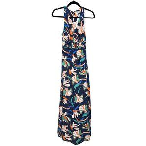 Japna Women's XS Floral Print Maxi Sleeveless Racerback Navy Orange Dress